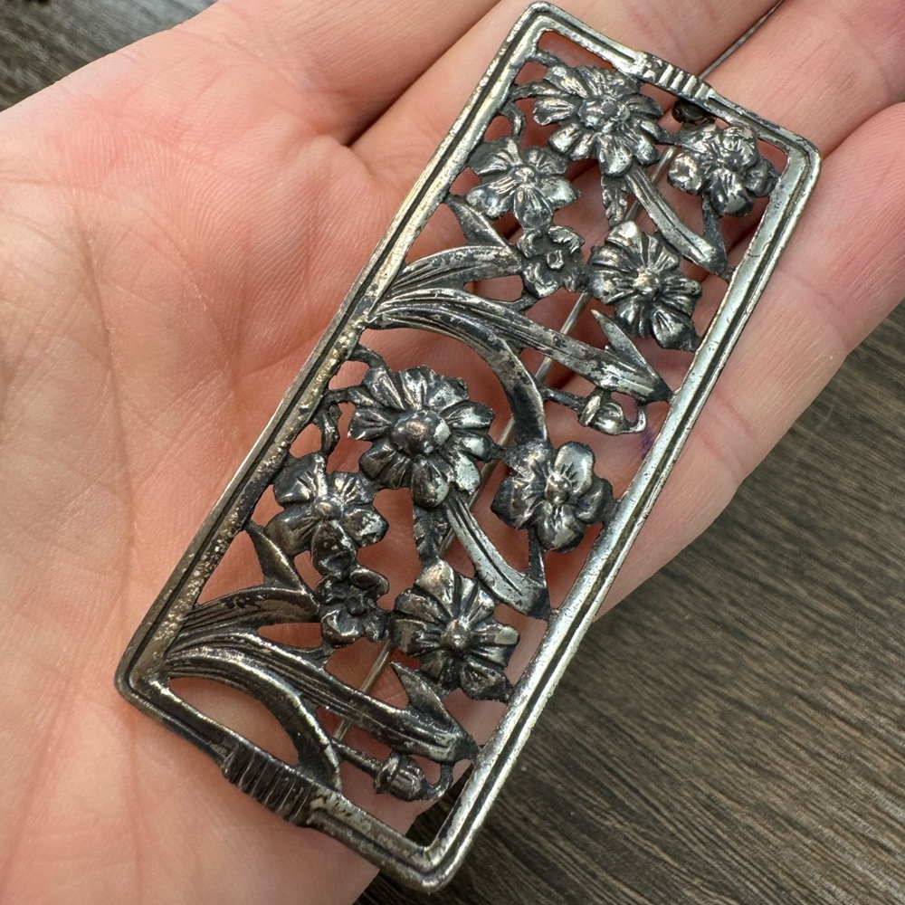 925 Sterling Silver Rectangular Flower Vintage Pi… - image 5